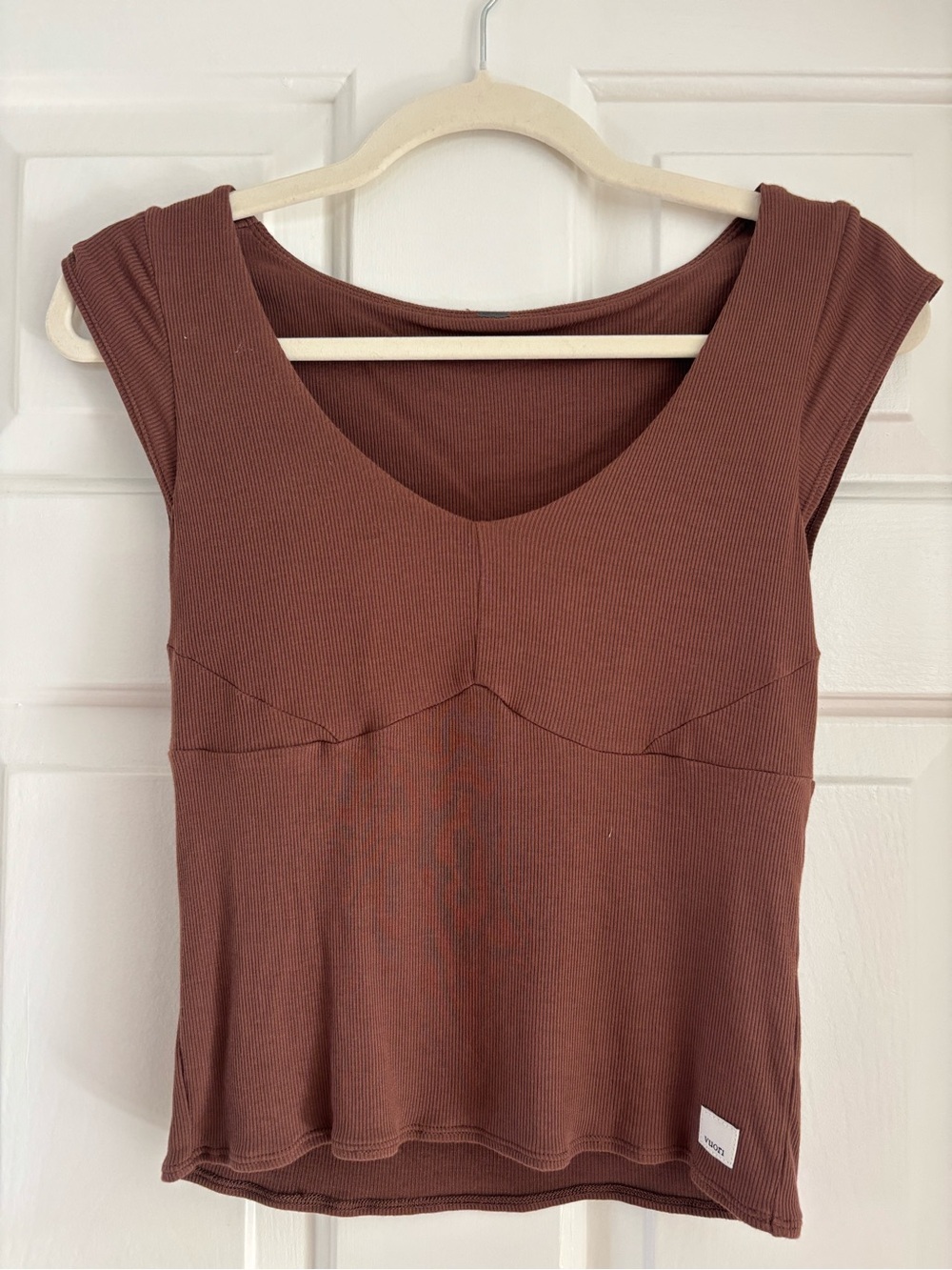 Vuori Ribbed V-Neck Cap Sleeve Top - Brown